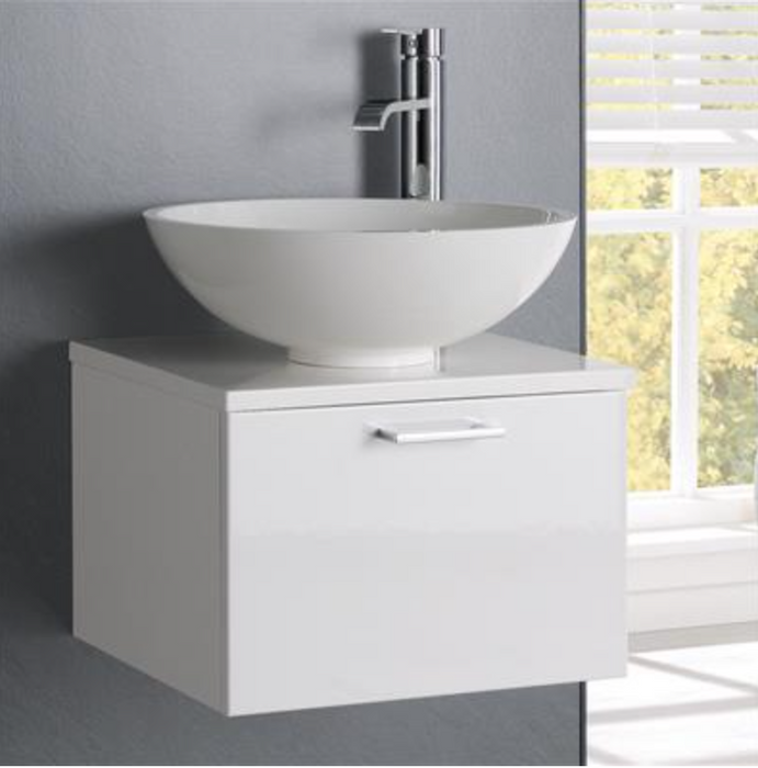 Sorrento Slab Gloss White 600 Wall Hung Vanity with Sit On Basin