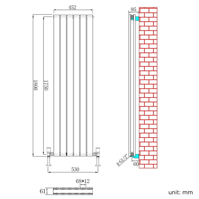 Elle 1800 x 452mm Vertical Column Designer Double White Flat Panel Radiator