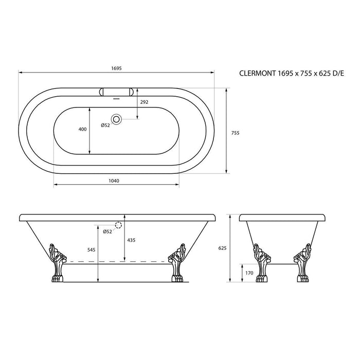 Trojan Clermont Double Ended Roll Top Bath with Tap Ledge 1695 x 755mm