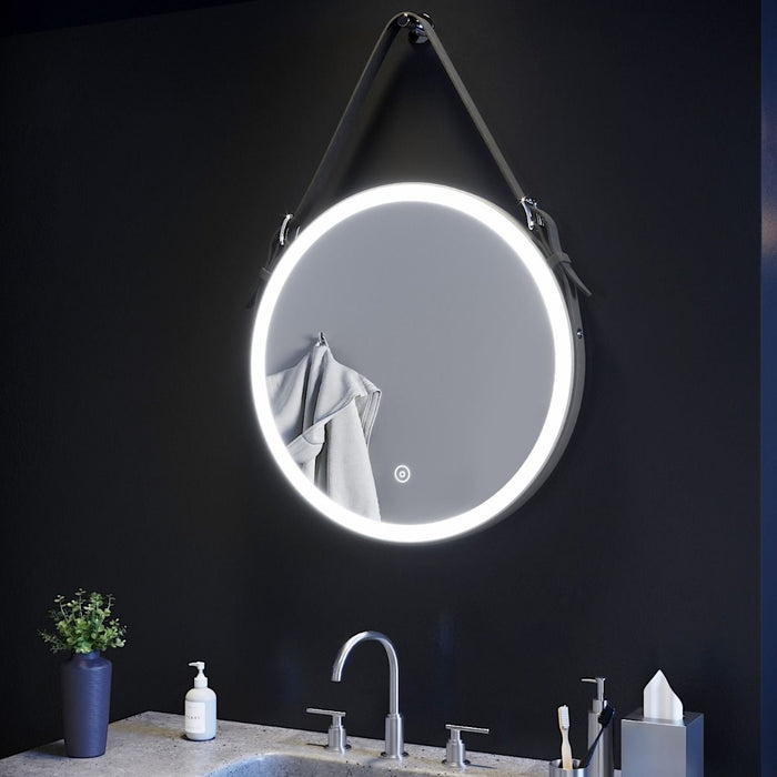 Vinci Noir LED Illuminated Round 600mm Black Frame Mirror with Black Strap Belt & Hanging Peg