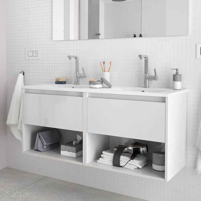 Noja 1200mm Wall Hung Vanity Unit 2 drawers 2 spaces White Gloss + Basin