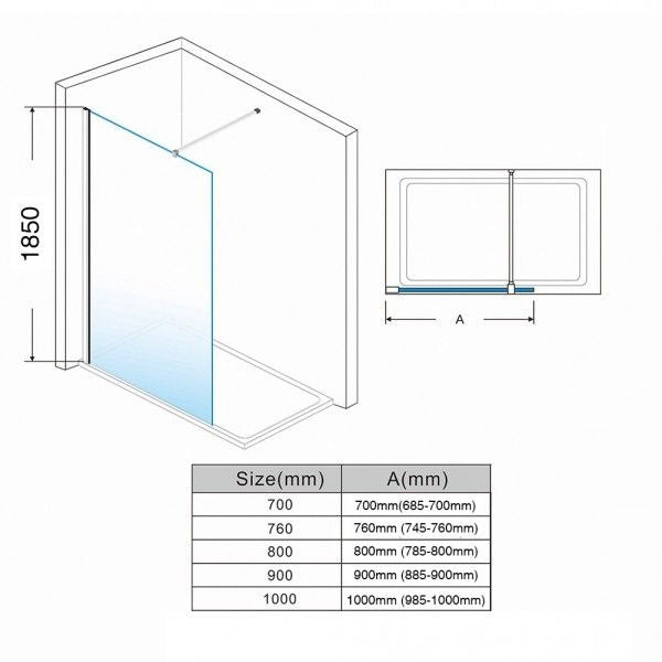 Elle 760mm Walk-In Shower Panel 6mm Tempered Glass Shower Screen