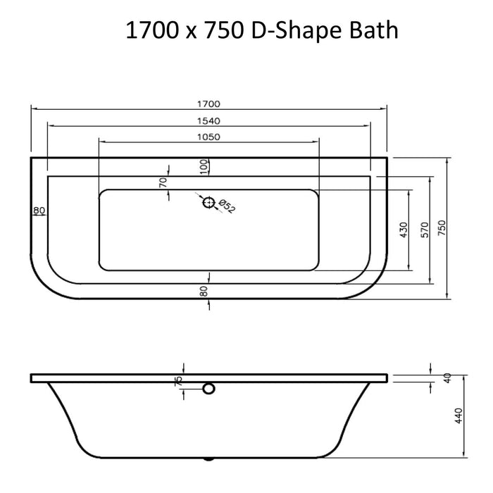 Trend Dee Shaped Back to Wall Bath inc Panel and Legs