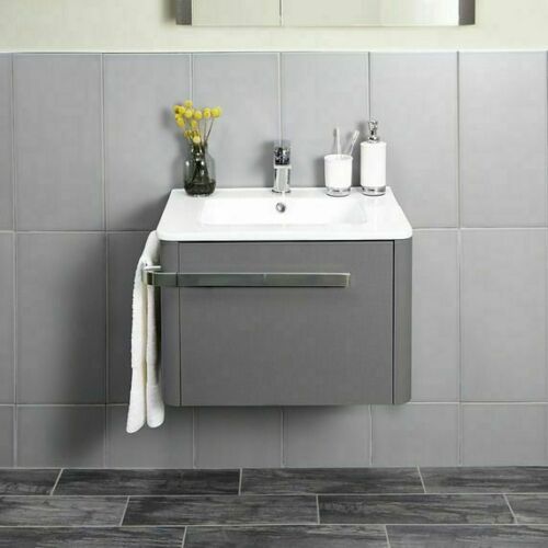 Linen Textured Grey 600 x 450mm Basin Wall Mounted Vanity Unit including Basin