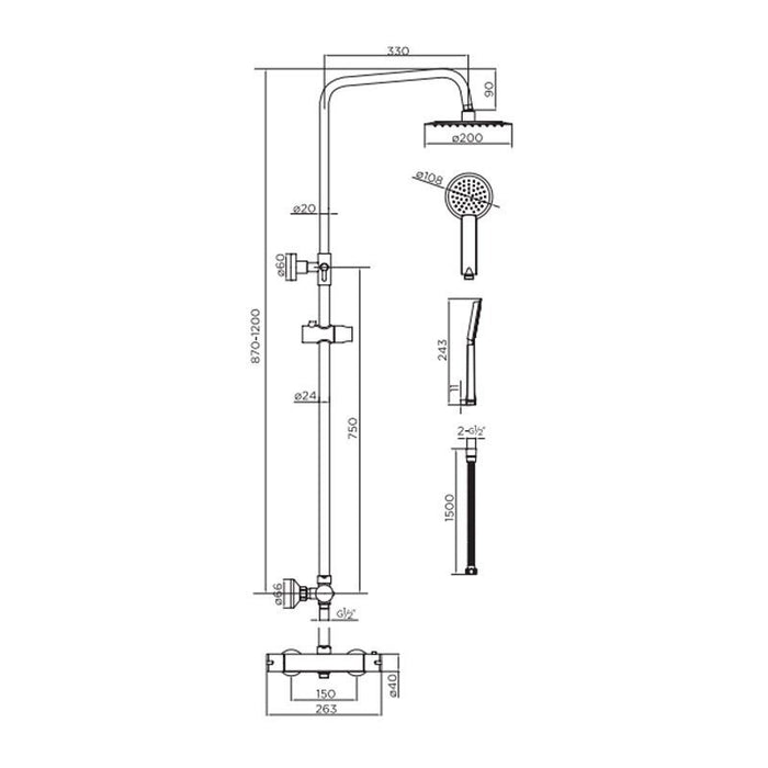Round Exposed Thermostatic Shower Set - Brass